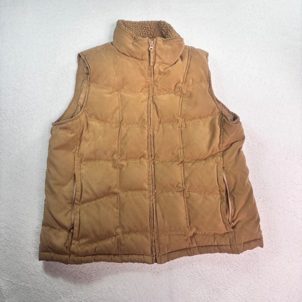 L.L.Bean Goose Down Puffer Vest Womens XL Tan Sherpa Collar Full Zip Outdoor